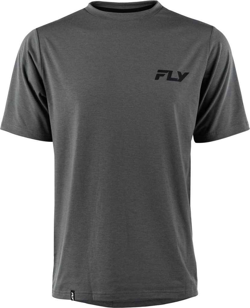 Grey FLY MTB Trail Tee shirt displayed flat, showcasing the breathable fabric and casual fit ideal for mountain biking.