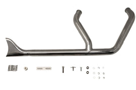 V-TWIN chrome 1-3/4 inch 2 into 1 exhaust header set showing polished metal and pipe connections with mounting brackets