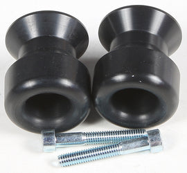 Black SHOGUN swingarm sliders for motorcycle body protection, shown attached to a bike's swingarm in the image.