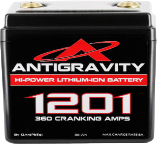 ANTIGRAVITY Lithium Battery AG 1201 360 CA with compact design, showing the black and red battery terminals and labels.