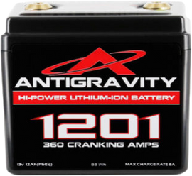 ANTIGRAVITY Lithium Battery AG 1201 360 CA with compact design, showing the black and red battery terminals and labels.