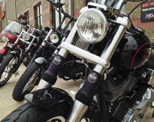 Load image into Gallery viewer, SHOCK SOX Street Shock Sox 6-inch BSM conventional forks for bikes, showing the black metal fork with mounting points.