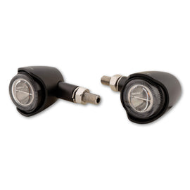 Pair of HIGHSIDER Akron X LED turn signals with smoked lenses and black housing for motorcycle illumination.