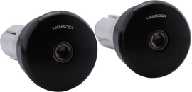 Black HIGHSIDER Curve Bar Ends attached to motorcycle handlebars, showcasing sleek handlebar accessories for enhanced grip and style.