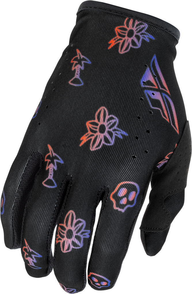 Black, red, and purple FLY RACING Lite Outline gloves with padded palms and textured fingertips for motocross riding.