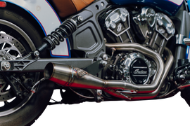 SAWICKI Indian Scout Shorty Cannon Brushed Stainless Steel Exhaust pipe for motorcycle, showcasing sleek metallic finish and compact design.