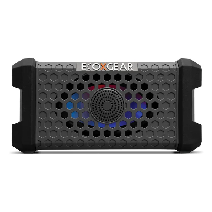 ECOXGEAR Defender Scout portable speaker in slate gray with rugged design, outdoor-ready audio and communication features.