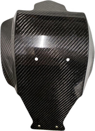 P3 Brand carbon fiber skid plate guard for Kawasaki motorcycle, designed for protection and durability, shown mounted on bike.