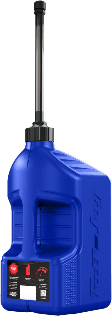 Blue TUFF JUG 5-gallon utility container with autostop spout, durable plastic for water or liquid storage.