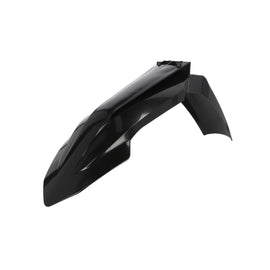Black ACERBIS front fender for KTM motorcycle, made of durable body material, shown from a side angle.