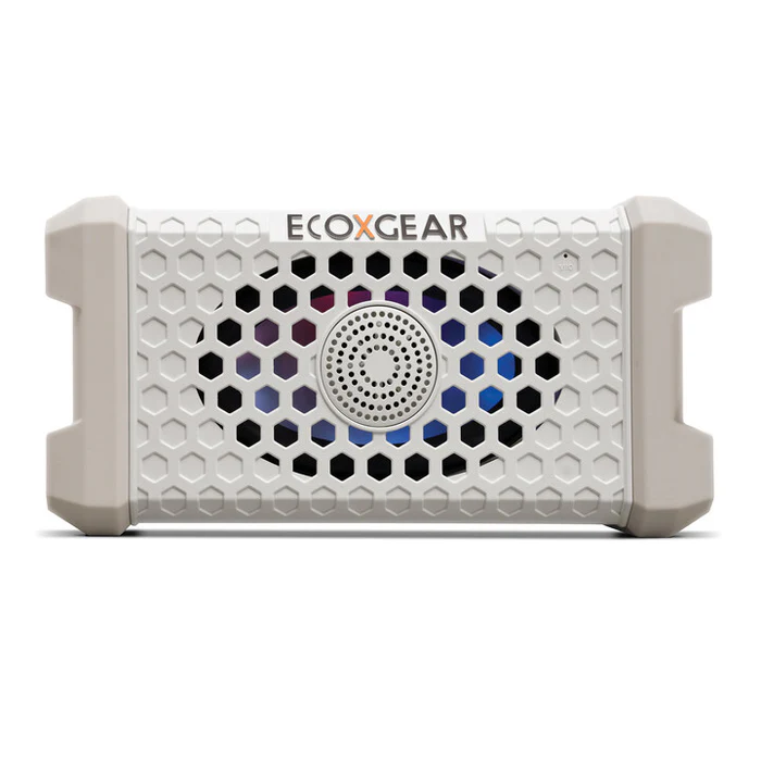 ECOXGEAR Defender Scout waterproof speaker in white, designed for outdoor water adventures with rugged audio performance.