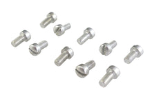 Load image into Gallery viewer, Colony Fillister Head Screws 10-32 x 3/8 inch, metal hardware screws with flat top and threaded shaft, arranged in a row.