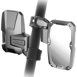 SEIZMIK Embark side mirror 1.75-inch polished aluminum for motorcycle, reflecting scenic outdoor view.