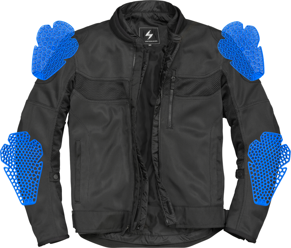 Black Scorpion EXO Scorpion Exo Vortex Air II motorcycle jacket with armor and ventilation features, displayed on a mannequin.