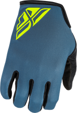 Load image into Gallery viewer, Fly Racing Radium gloves in slate and Hi-Vis, large size, showing the padded palms and adjustable wrist straps.