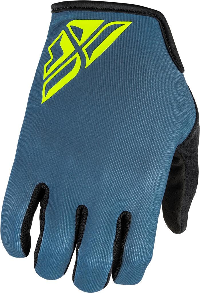 Fly Racing Radium gloves in slate and Hi-Vis colors, shown in a close-up, highlighting durable fabric and secure wrist closure.