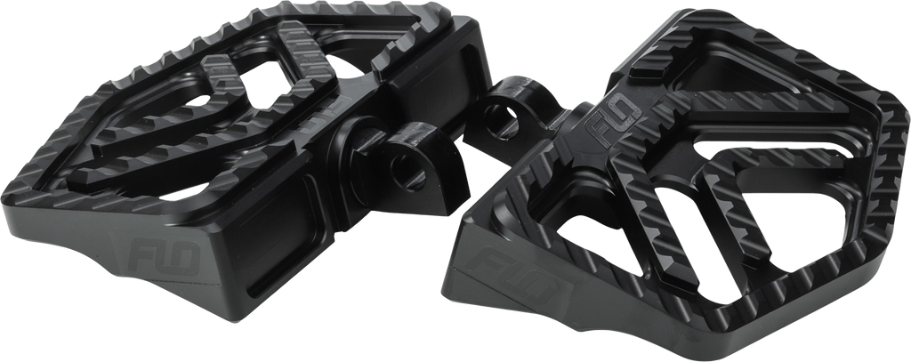 FLO MOTO Savage Miniboards black foot controls with textured surfaces for motorcycle footpeg installation.