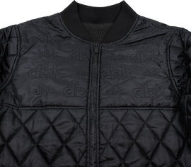 Black DBK liner jacket for women, shown on a hanger, featuring a sleek design and lightweight material for casual wear.