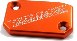 Orange front brake cover by WORKS, designed for body enhancements on vehicles, with a sleek and vibrant appearance.