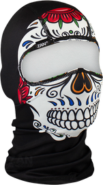 ZAN polyester balaclava headgear featuring a skull design, providing full face and head coverage for outdoor activities.