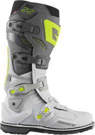 Gaerne SG-22 motorcycle boots in anthracite, white, and grey, size 13, featuring sturdy design and reinforced soles.