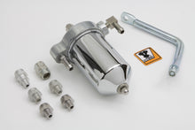 Load image into Gallery viewer, V-Twin oil filter canister kit installed on motorcycle oil tank, showing the durable metal canister and fitting components.