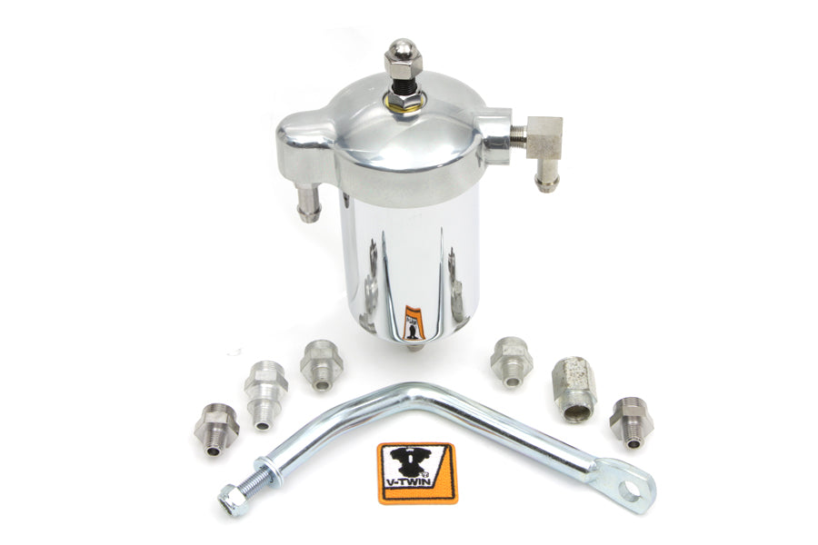 V-Twin oil filter canister kit for oil tank, featuring durable metal construction and secure fittings for motorcycle maintenance.