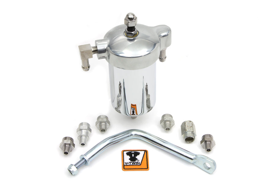 V-Twin oil filter canister kit attached to motorcycle oil tank, showing the durable metal canister and filter components.