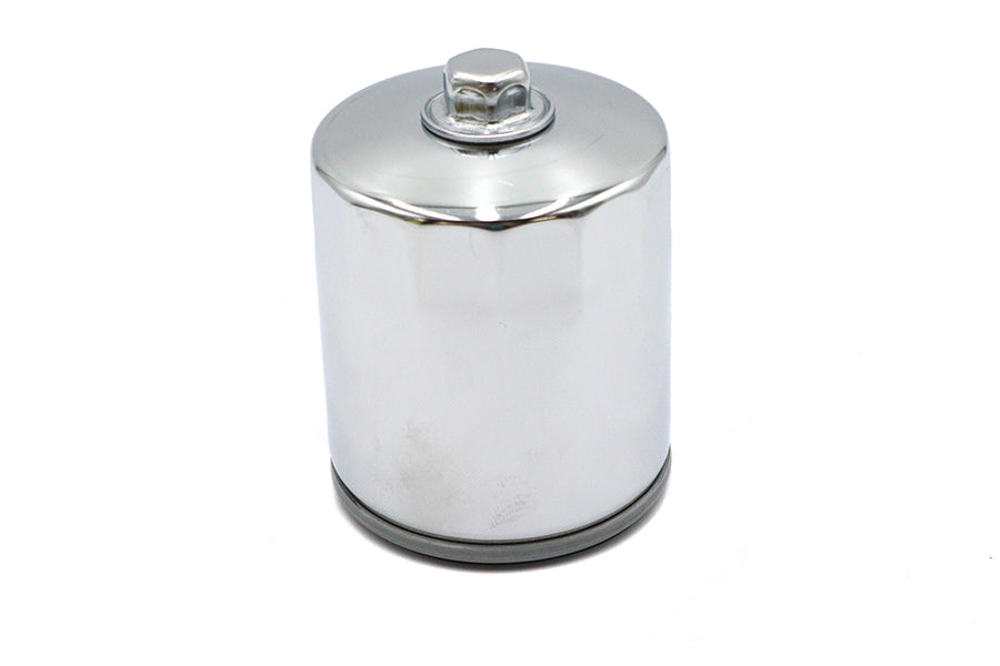 V-TWIN Hex Spin On Oil Filter attached to oil tank, showing the durable metal construction and hexagonal shape for easy installation.
