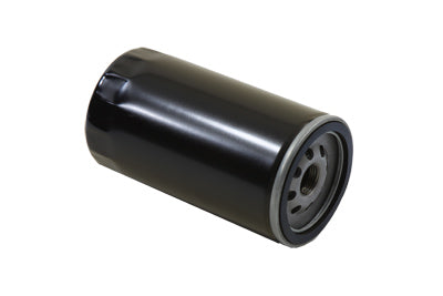 V-TWIN hex spin-on oil filter attached to an oil tank, used for motorcycle maintenance and oil filtration.