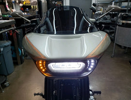 BAGGERNATION Quad Pod Front Light Kit Satin for motorcycle illumination, featuring four adjustable LED lights on a sleek metal frame.