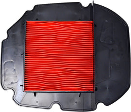 EMGO air filter for motorcycle or vehicle, rectangular shape with pleated paper filtering element and black plastic frame.