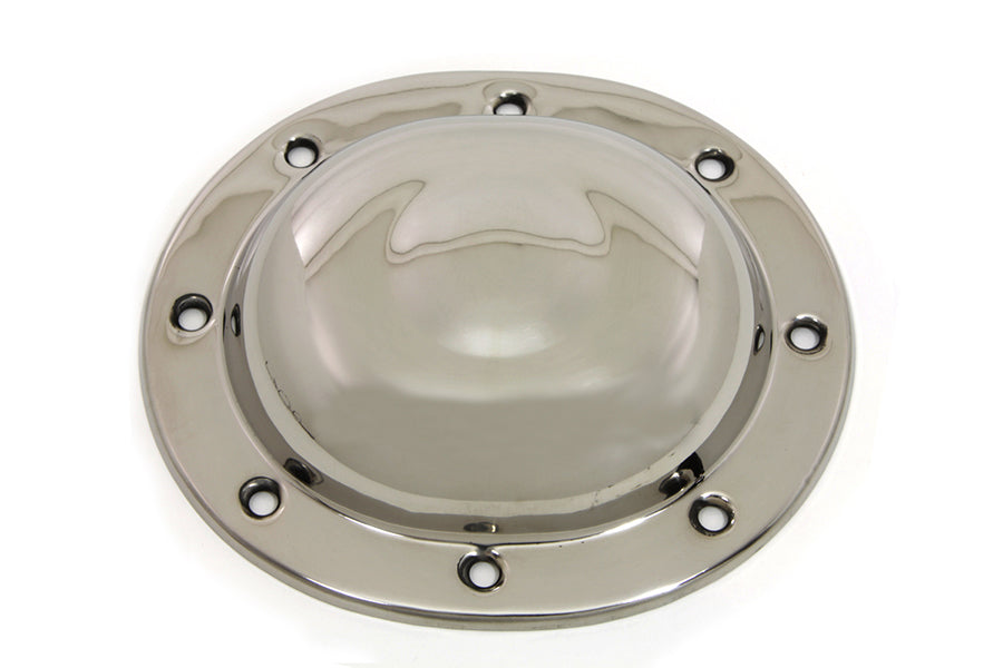 V-Twin stainless steel Dimple Derby Cover for drive line, featuring a replica V-TWIN V-twin engine design.
