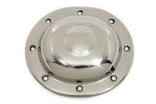 Load image into Gallery viewer, V-Twin stainless steel dimple derby cover for drive line, featuring a replica V-Twin V-Twin logo design on a motorcycle component.