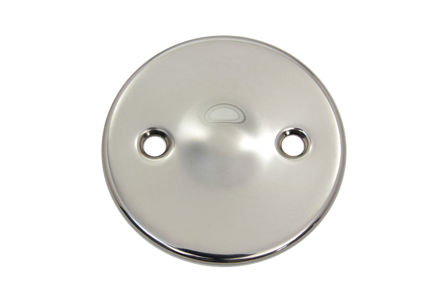 Stainless steel V-TWIN Primary Inspection Cover for drive line, with a polished finish and detailed design, on a black background.