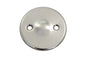 Stainless steel V-TWIN Primary Inspection Cover for drive line, with a polished finish and detailed design, on a black background.