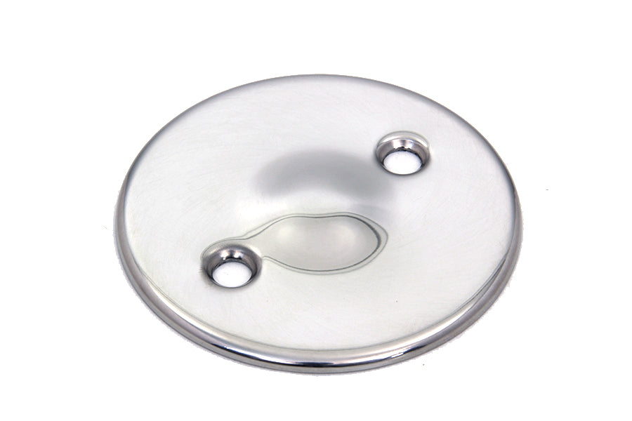 Stainless steel V-TWIN Primary Inspection Cover for drive line, with polished finish, designed for Harley-Davidson motorcycles.