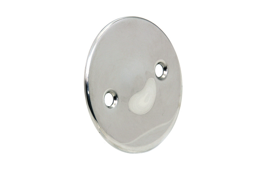 Stainless steel V-TWIN primary inspection cover for drive line, with polished finish and detailed branding, mounted on a motorcycle.