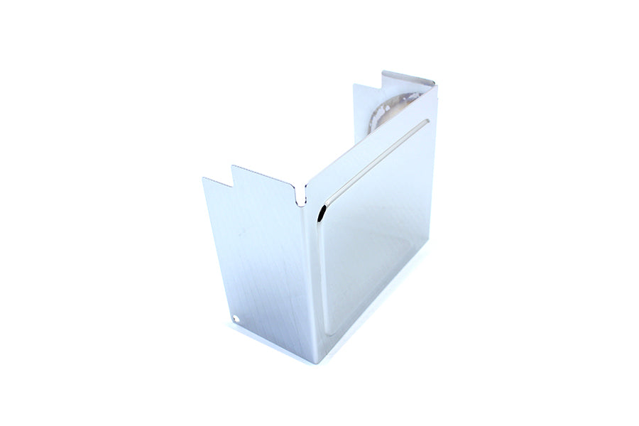 Chrome embossed V-Twin Battery side cover for electrical components, showcasing a shiny, detailed finish.