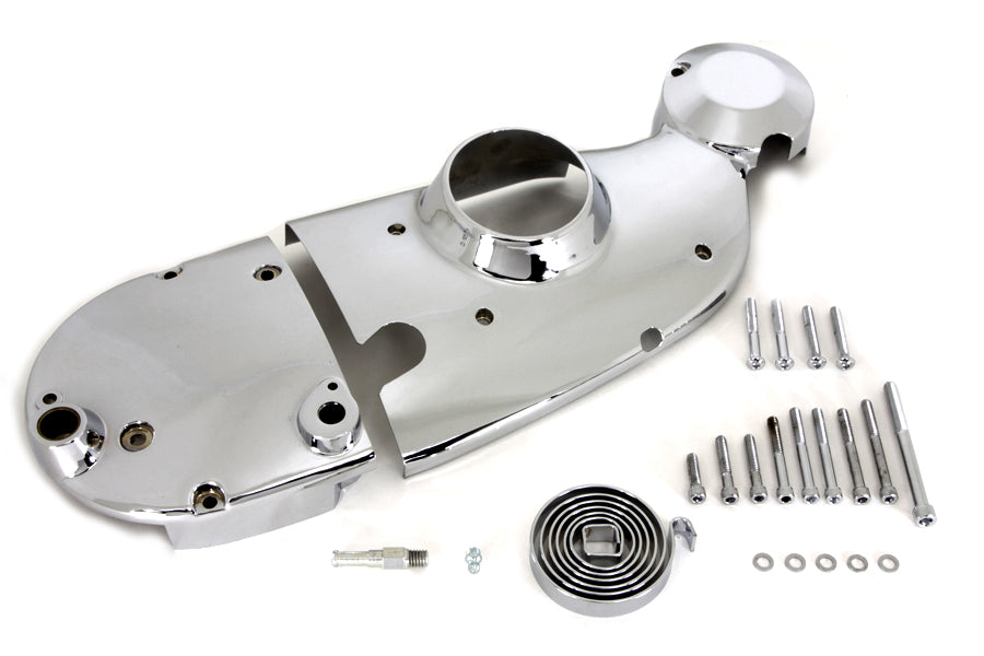 V-TWIN chrome engine cam and sprocket cover kit with polished finish, designed for motorcycle engine customization.