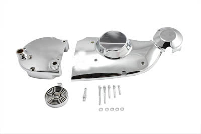 V-TWIN chrome engine cam and sprocket cover kit installed on motorcycle engine with polished finish and detailed craftsmanship