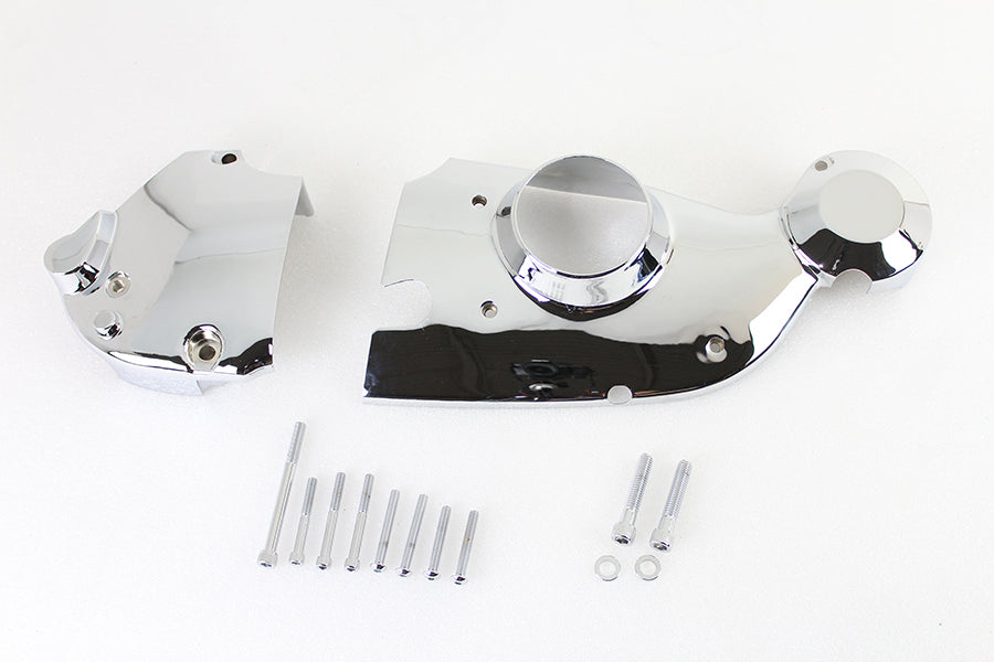 V-Twin chrome engine cam and sprocket cover kit with polished finish, designed for V-Twin motorcycle engines.