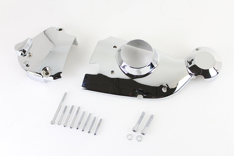 V-TWIN chrome engine cam and sprocket cover kit installed on motorcycle engine, showcasing shiny chrome finish and detailed design.