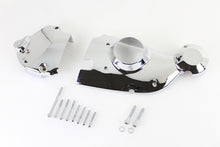 Load image into Gallery viewer, V-TWIN chrome engine cam and sprocket cover kit installed on motorcycle engine, showcasing shiny chrome finish and detailed design.