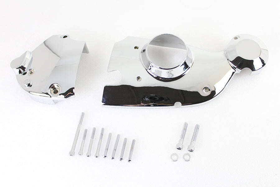 V-Twin chrome engine cam and sprocket cover kit, shiny metal finish, designed for V-Twin motorcycle engines.