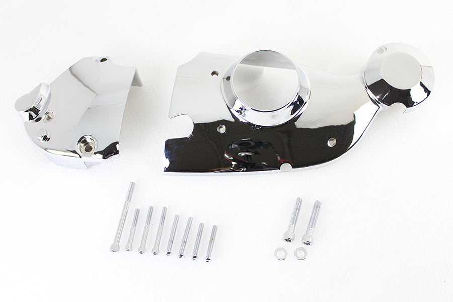 V-TWIN chrome engine cam and sprocket cover kit installed on motorcycle engine with shiny chrome finish.