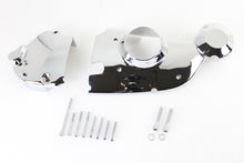 Load image into Gallery viewer, V-TWIN chrome engine cam and sprocket cover kit installed on motorcycle engine with shiny chrome finish.