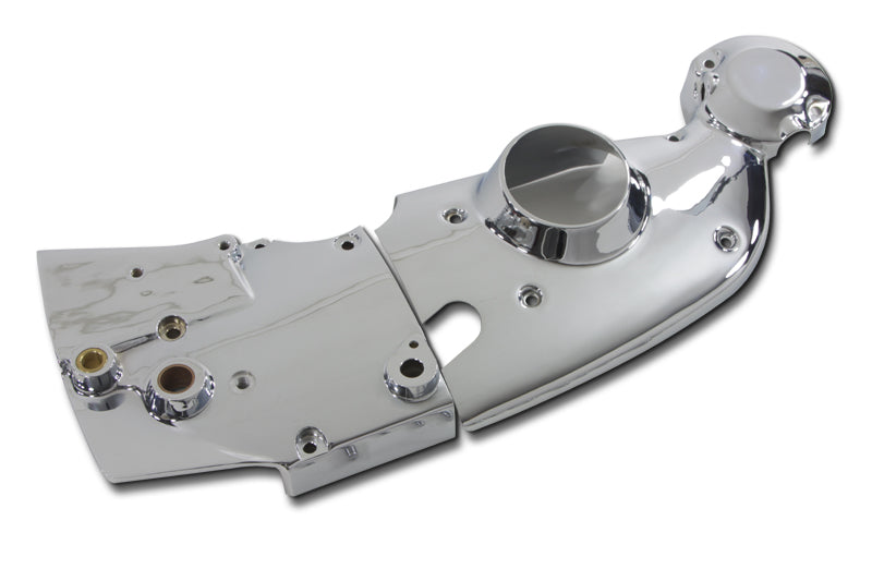 V-TWIN chrome engine cam and sprocket cover kit showing polished chrome finish and detailed design for motorcycle engine protection