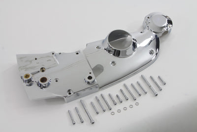 V-TWIN chrome engine cam and sprocket cover kit with polished finish, designed for V-TWIN motorcycle engines.