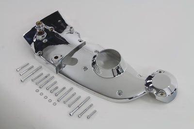 V-TWIN chrome engine cam and sprocket cover kit installed on motorcycle engine, showcasing shiny metallic finish and detailed construction.